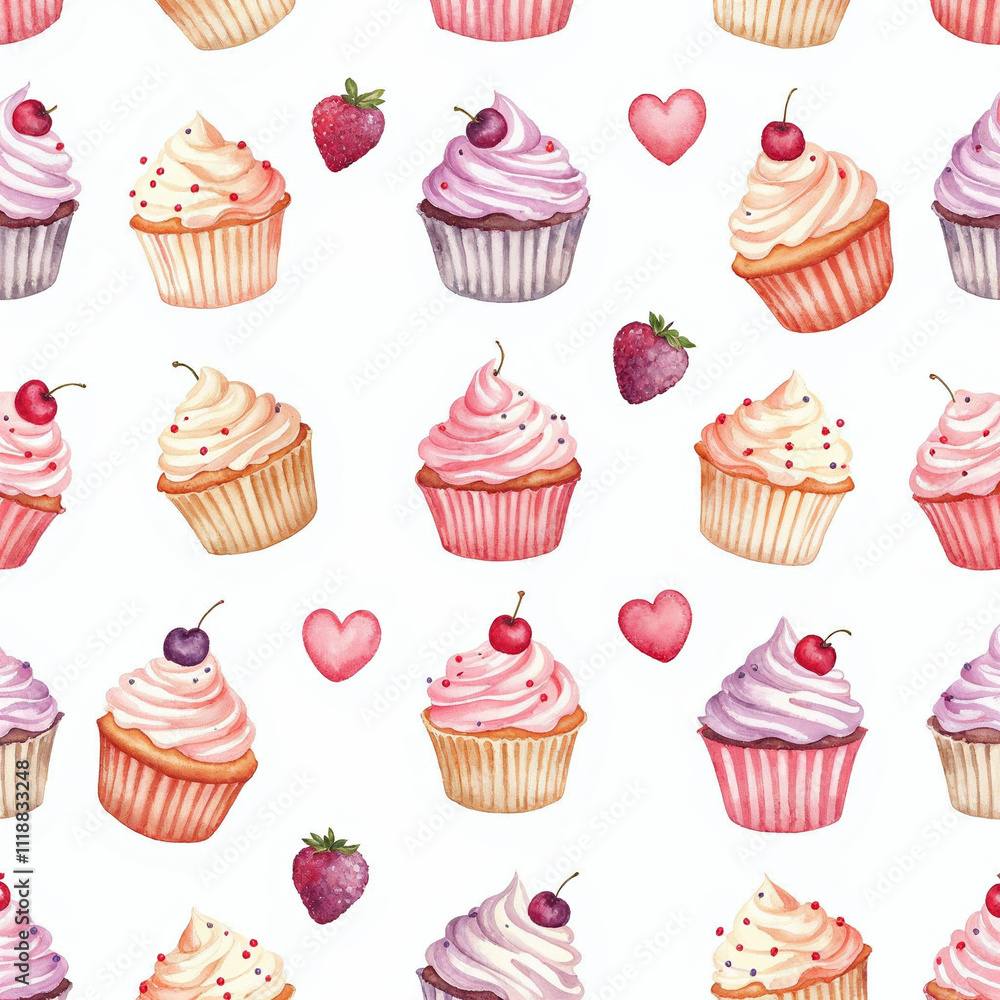 Watercolor seamless pattern with cupcakes on white background Watercolor seamless pattern with cupcakes on white background