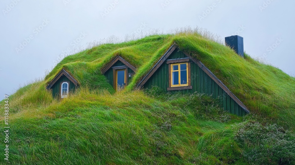 Fototapeta premium Green roof house nestled in grassy landscape