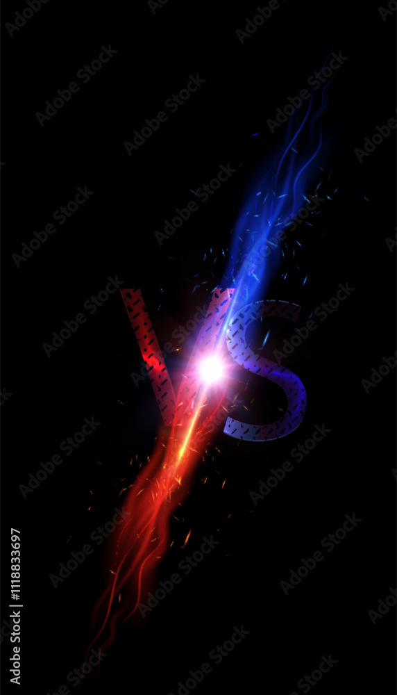 Dark Versus Battle. Banner concept MMA - Fight Night, confrontation, fight, boxing. VS clash of metal letters with sparks and red-blue glow. Versus battle. Vector Dark Versus Battle. Banner concept MMA - Fight Night, confrontation, fight, boxing. VS clash of metal letters with sparks and red-blue glow. Versus battle. Vector