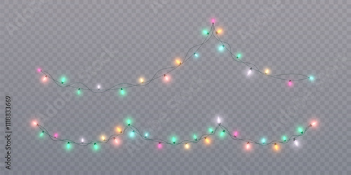 Bright garlands with multi-colored glow of bright bulbs. Christmas lights garlands bright lights glow on a transparent background. Festive chain of lights.