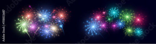 Fireworks. Colorful explosion of multicolored bright fireworks lights isolated on black background. Vector