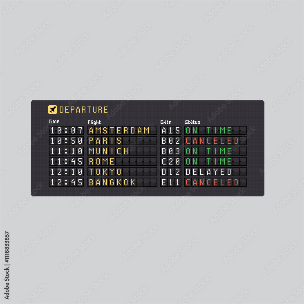 Pixel art illustration Departure Board. Pixelated Departure List. Airport Departure Board List icon pixelated for the pixel art game and icon for website and video game. old school retro. Pixel art illustration Departure Board. Pixelated Departure List. Airport Departure Board List icon pixelated for the pixel art game and icon for website and video game. old school retro.