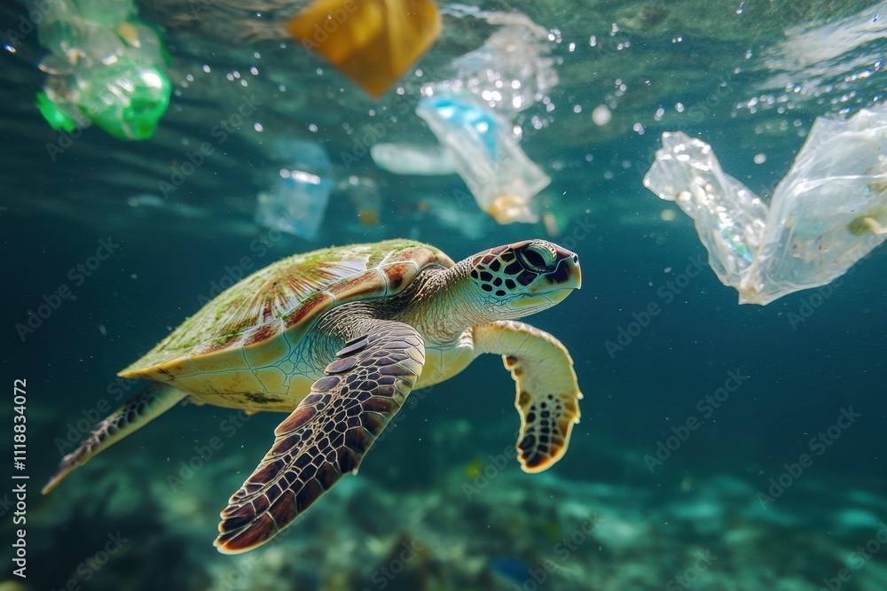 A sea turtle swimming underwater with plastic bags floating nearby. The ...