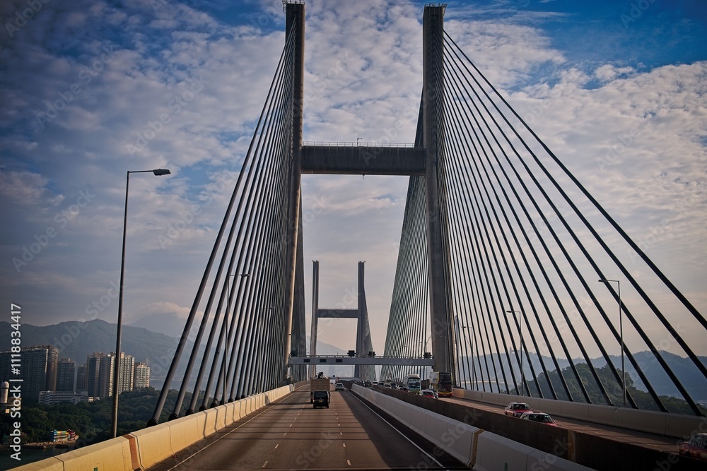 Naklejka premium Modern Cable-Stayed Bridge with Scenic Background
