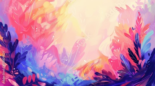 Vibrant colorful foliage, abstract floral illustration with soft gradient background.