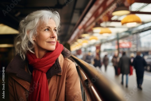 Portrait of a beautiful senior woman in a shopping center on a winter day