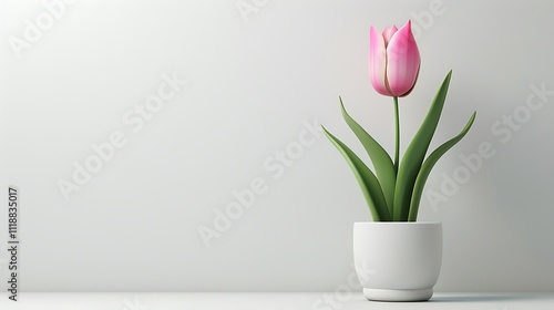 Single Pink Tulip in a Pot Isolated on a White Background, Showcasing its Vibrant Petals and Fresh, Natural Beauty