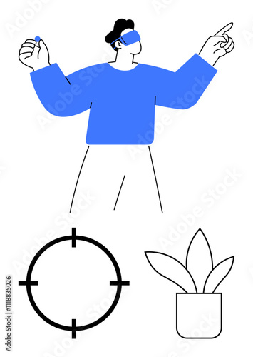 Man wearing blue VR headset, pointing with one hand, holding a small object in the other. Next to him, a circular target symbol and a potted plant icon. Ideal for virtual reality, technology