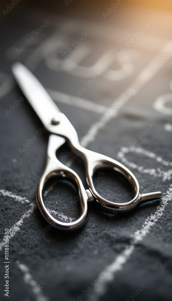 A pair of gleaming scissors lies elegantly on a textured chalkboard surface, their metallic sheen catching the light. The contrast between the polished blades and the rough chalkboard creates a A pair of gleaming scissors lies elegantly on a textured chalkboard surface, their metallic sheen catching the light. The contrast between the polished blades and the rough chalkboard creates a
