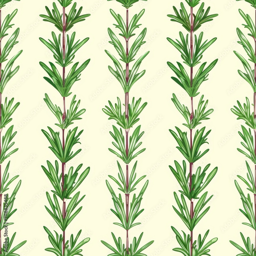 Naklejka premium Seamless Pattern, Watercolor Rosemary Sprigs on a Warm Beige Background, Culinary Herbs Illustration