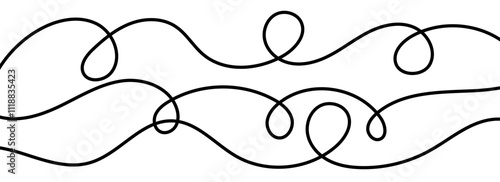Thin squiggle lines. Wavy wiggle stripe pattern collection. Curvy thread or yarn lines for ornament, decor, separate, divider. Tangled squiggly linear doodle shapes. Vector