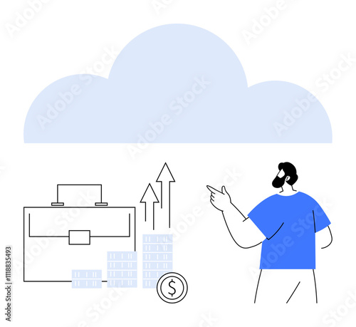 Businessman pointing at cloud with briefcase, growth graph, dollar coins. Ideal for finance, cloud computing, business growth, investments, financial planning technology integration. Line metaphor