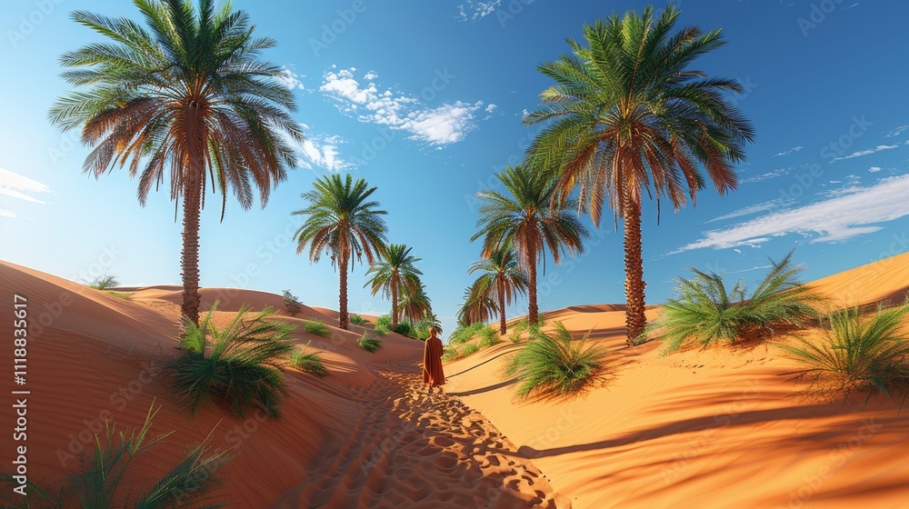 Person walks path between palm trees in desert oasis. Person walks path between palm trees in desert oasis.