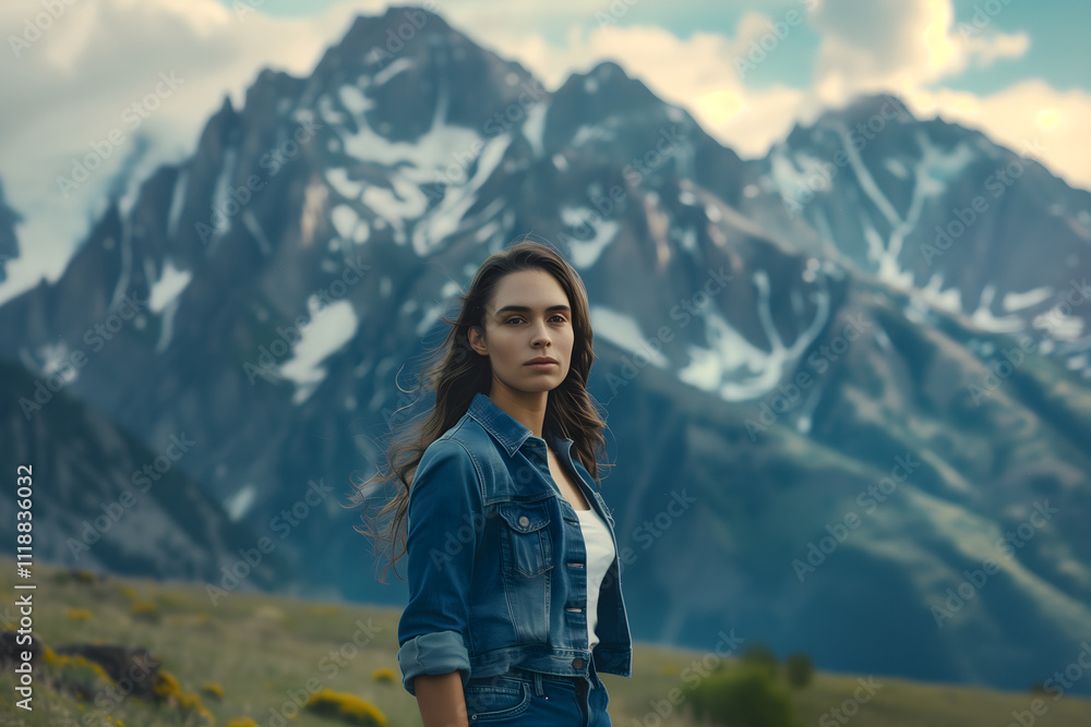 Naklejka premium Portrait of young woman against mountains. High quality photo