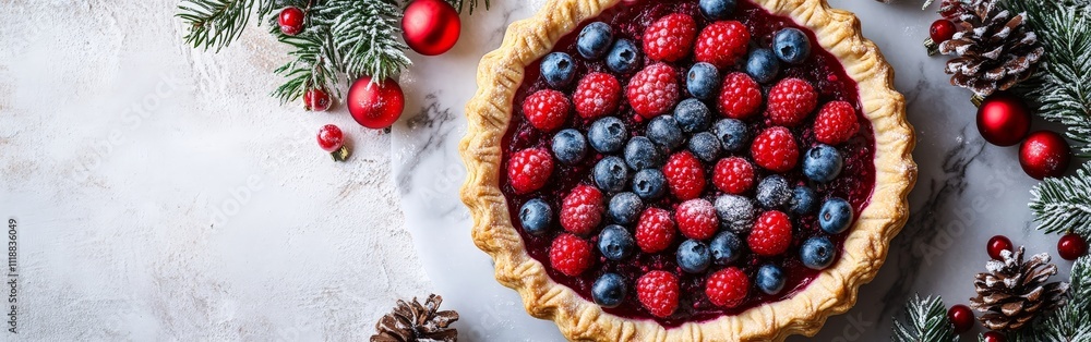 Festive Pie with Berries and Holiday Decor on Marble Table Festive Pie with Berries and Holiday Decor on Marble Table
