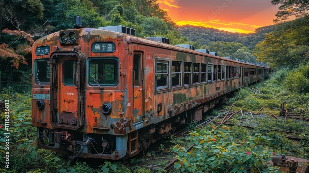 Rusty train abandoned in overgrown foliage at sunset. Rusty train abandoned in overgrown foliage at sunset.
