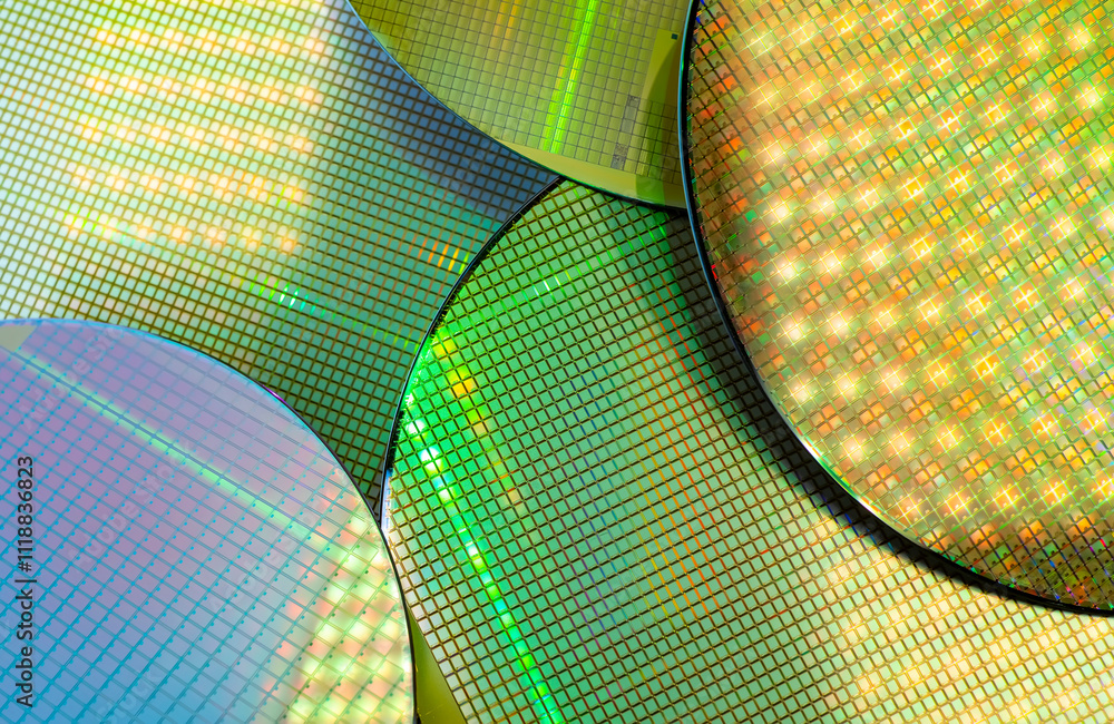 Naklejka premium Silicon Wafers and Microcircuits of semiconductor material,used in electronics for the fabrication of integrated circuits