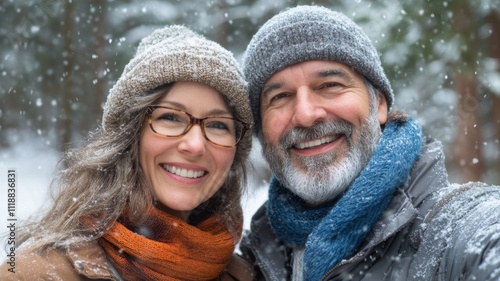 Portrait of a smiling couple in winter with snowfall.