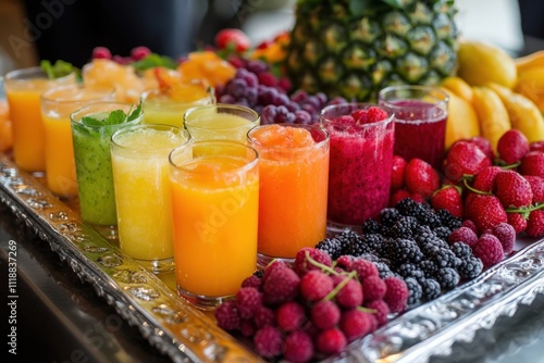 Assorted fresh fruit juices and berries on a platter 