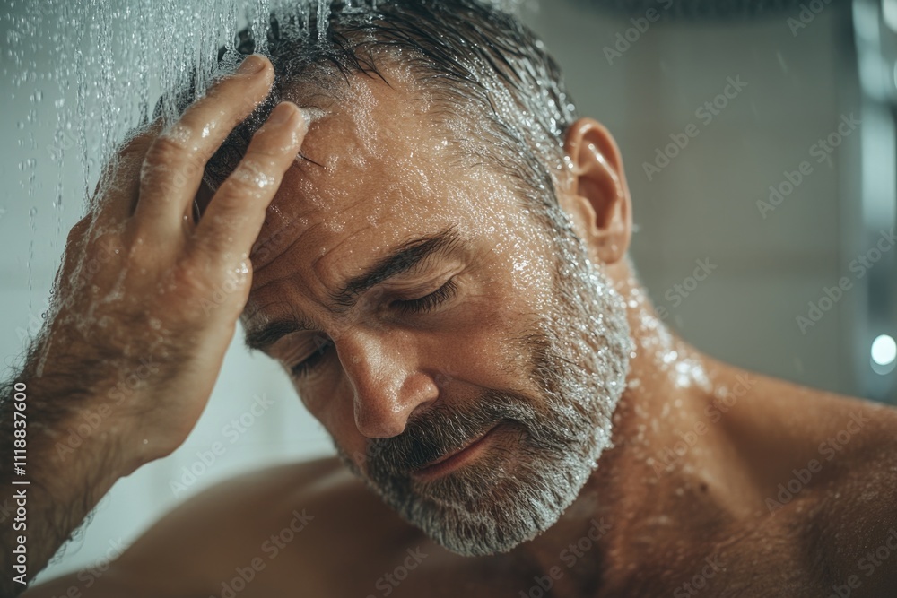 A bearded man washing his face and arms in a shower. A bearded man washing his face and arms in a shower.