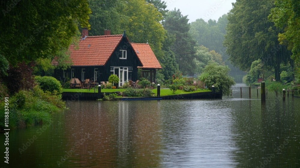 Obraz premium Dark House Rain Canal Lush Green Landscape