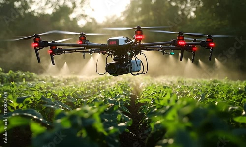 A drone equipped with a camera flies over a field of crops, spraying mist, highlighting its use in agriculture for monitoring and managing crops. photo