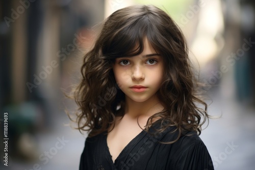 Portrait of a beautiful girl with long curly hair in the city