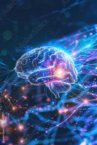 Colorful digital illustration with brain amidst electrical circuitry symbolizing cognitive science, artificial intelligence, and advanced technology integration.