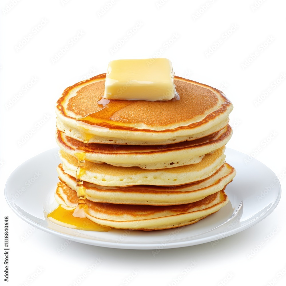 Fluffy Pancakes with Melting Butter on White Background Fluffy Pancakes with Melting Butter on White Background
