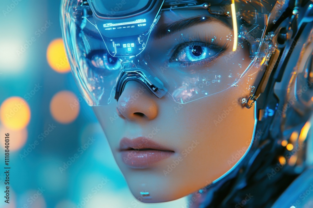 Close-up of a futuristic female robot with detailed facial features and circuitry, set against a blurred high-tech background. Close-up of a futuristic female robot with detailed facial features and circuitry, set against a blurred high-tech background.