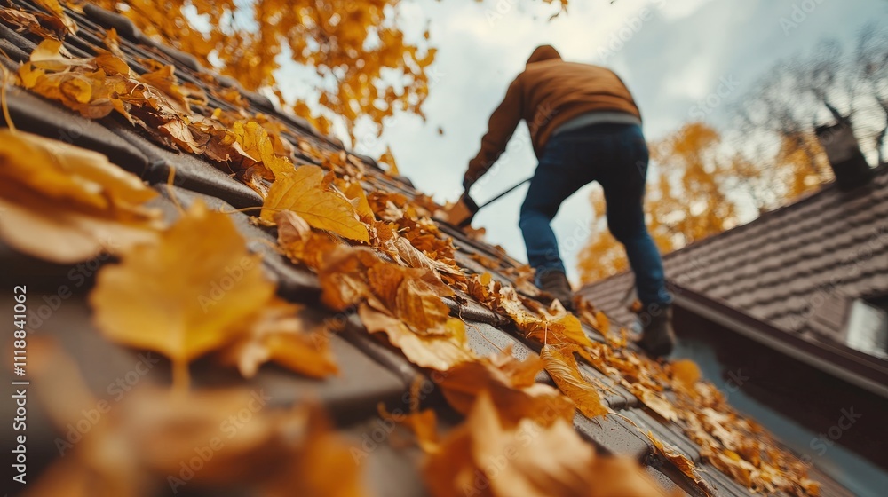 Person Cleaning Autumn Leaves From Roof Person Cleaning Autumn Leaves From Roof