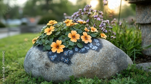 Yellow flowers blooming on large garden rock during sunset, perfect for nature photography, outdoor decoration, gardening ideas, springtime, peaceful backyard with green grass and blurred background