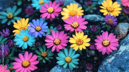 Colorful daisy flowers blooming vibrant pink blue yellow petals in garden close-up, perfect for spring season decor, nature background, bright cheerful mood, outdoor floral arrangement inspiration
