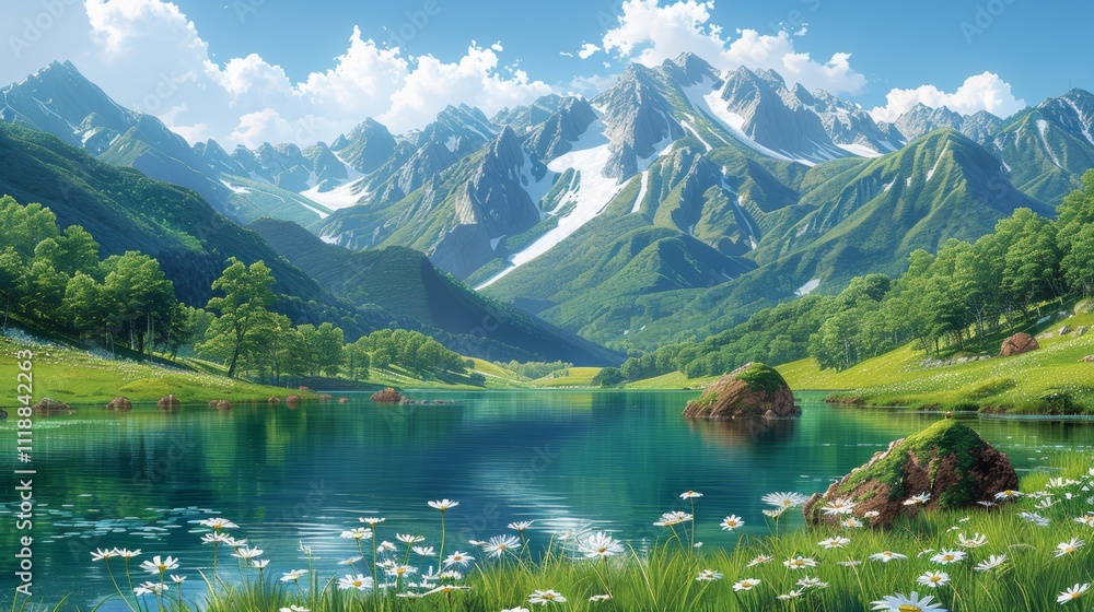 Serene mountain lake with wildflowers and snow-capped peaks under a bright summer sky. Serene mountain lake with wildflowers and snow-capped peaks under a bright summer sky.