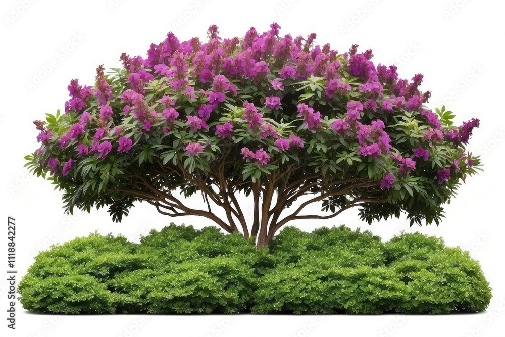 Obraz premium Tropical plant purple flower fence bush green shrub tree isolated on white background with clipping path.