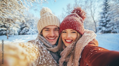 A Smiling Couple Taking a Selfie in a Snowy Winter Forest