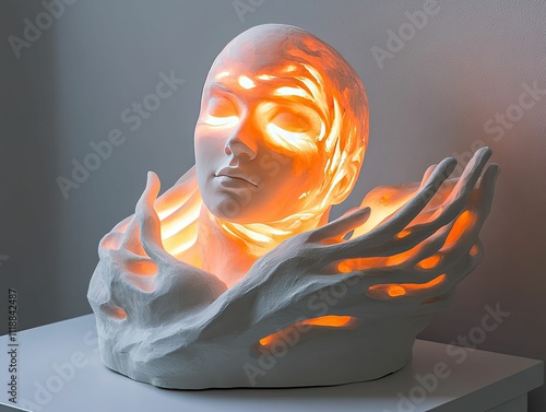 Illuminated head sculpture cradled by hands. photo