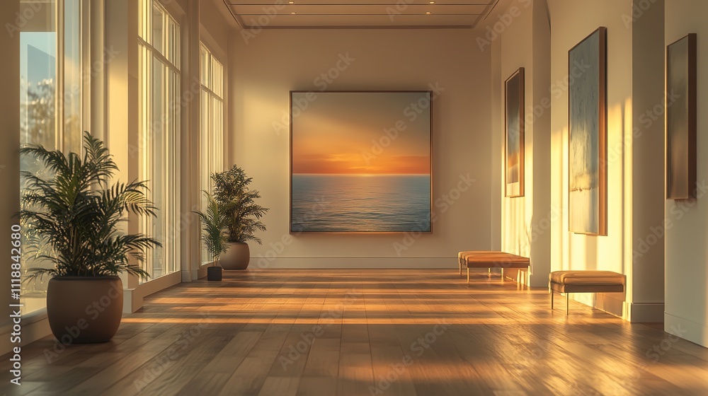 Fototapeta premium modern minimalist hallway with wooden floors, contemporary art pieces on the walls