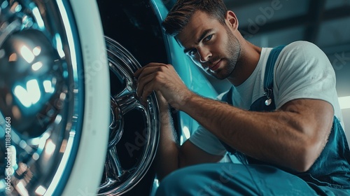 A man in overalls adjusting a classic car's wheel, his face focused and lit by soft lighting, with a simple solid light blue backdrop for a clean, modern look photo