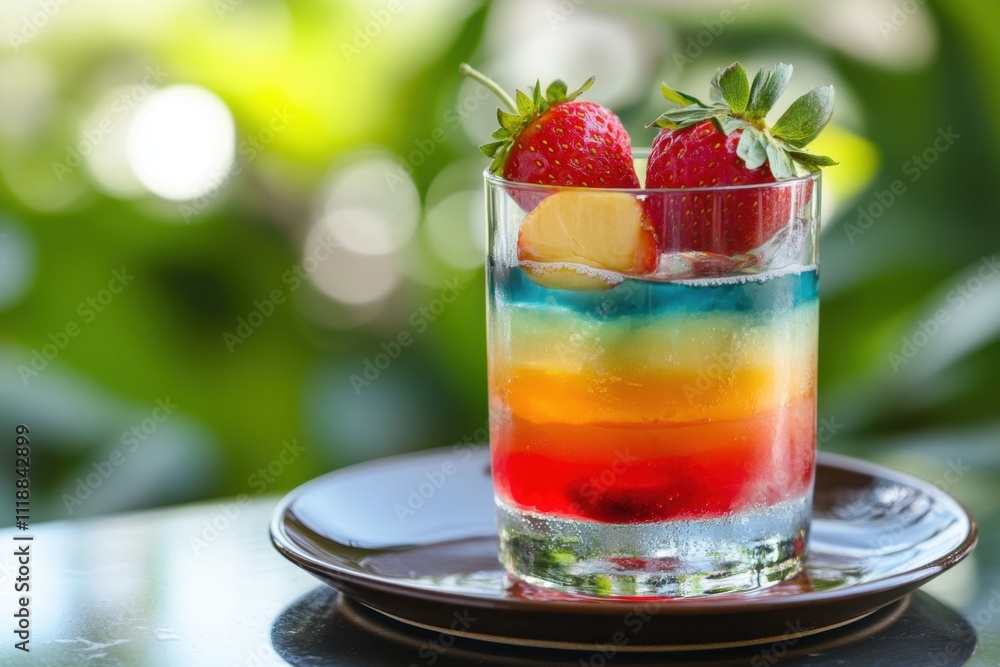Colorful layered beverage with strawberry garnish Colorful layered beverage with strawberry garnish
