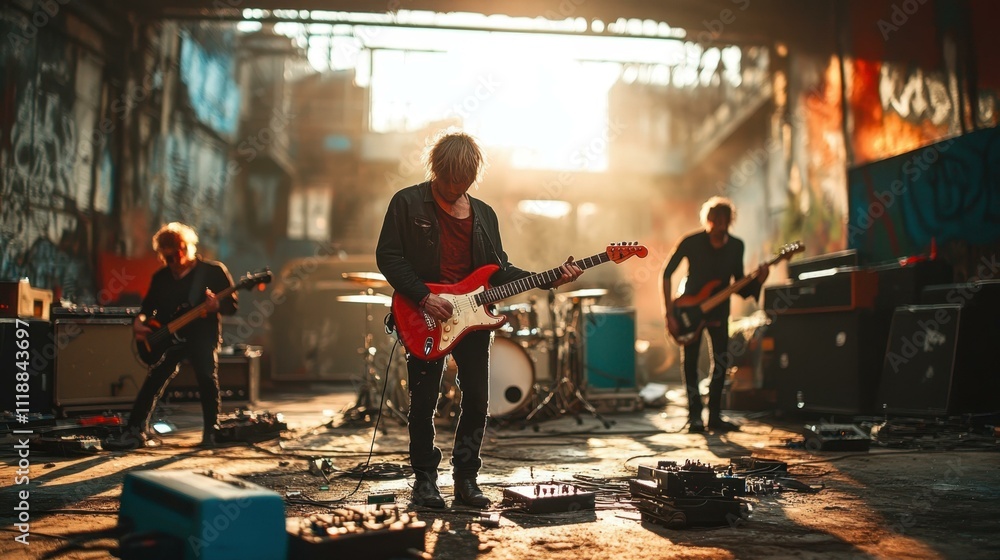 Naklejka premium Rock band musicians playing electric guitars and drums during sunset rehearsal in urban warehouse, perfect for music events, concert promotions, energetic performance, grunge style background warm li