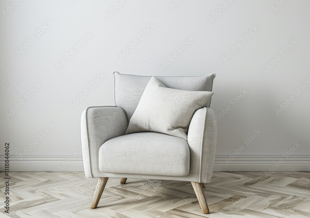 A white armchair with a pillow sits in a minimalist living room The armchair is on a wooden floor with a white wall behind it A white armchair with a pillow sits in a minimalist living room The armchair is on a wooden floor with a white wall behind it