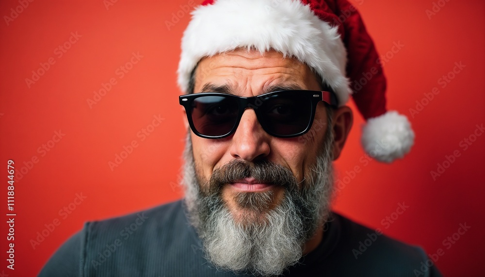 A stylish bearded man in sunglasses and a Santa hat stands confidently against a vibrant red background, embodying modern holiday spirit and festive fashion with a cool, cheerful twist.
A stylish bearded man in sunglasses and a Santa hat stands confidently against a vibrant red background, embodying modern holiday spirit and festive fashion with a cool, cheerful twist.