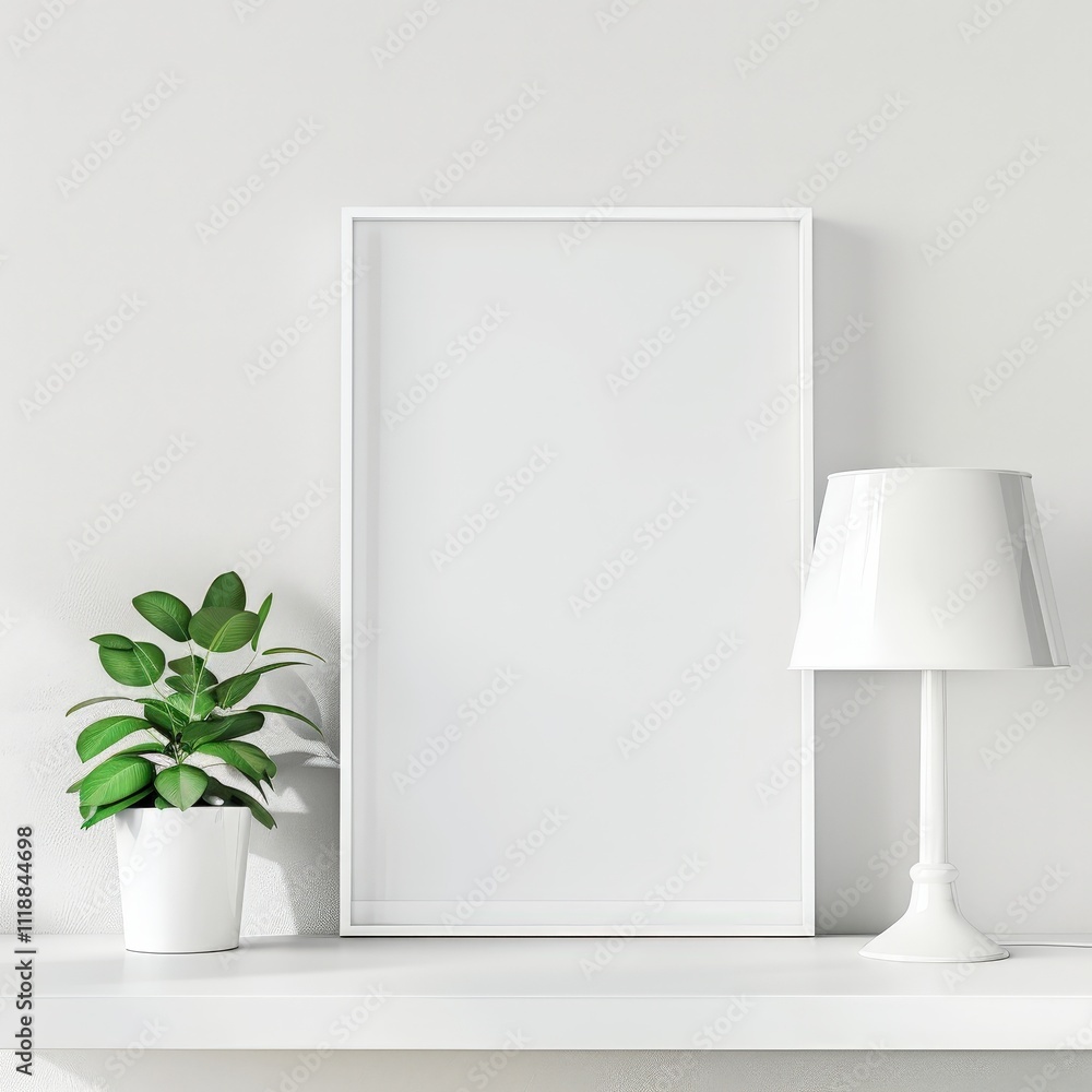 Blank white frame mockup with a white lamp and a potted plant on a white shelf Blank white frame mockup with a white lamp and a potted plant on a white shelf