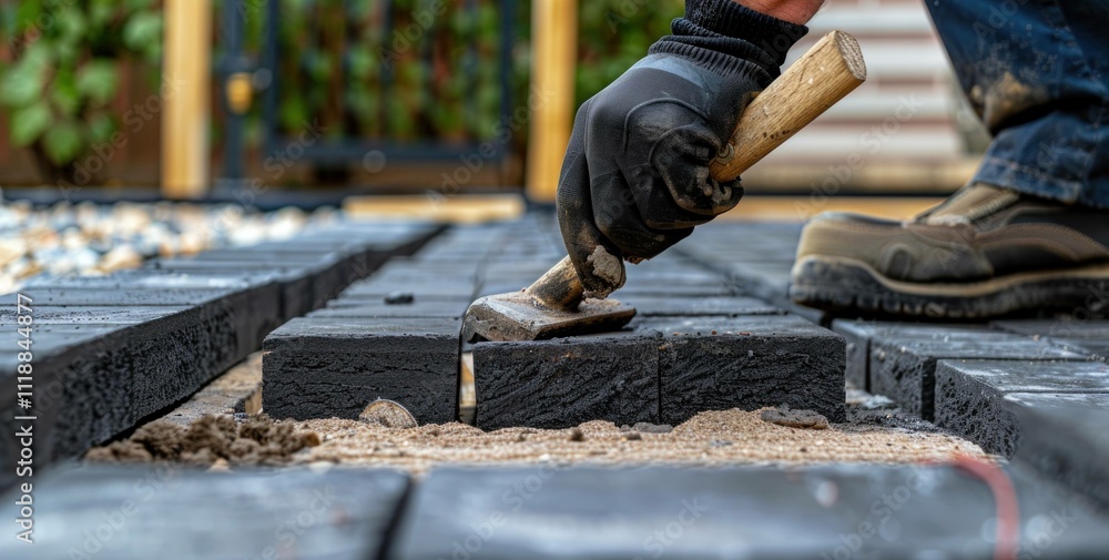 Skilled worker laying black paving stones with a hammer, focusing on precision and craftsmanship in a garden setting. Outdoor construction and landscaping concept. Skilled worker laying black paving stones with a hammer, focusing on precision and craftsmanship in a garden setting. Outdoor construction and landscaping concept.