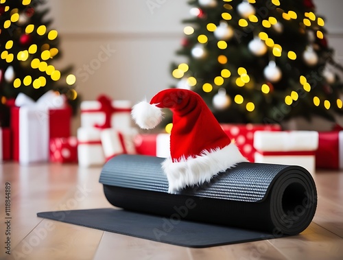 A yoga mat with a santa hat symbolizes holiday wellness through sport and festive balance (24)