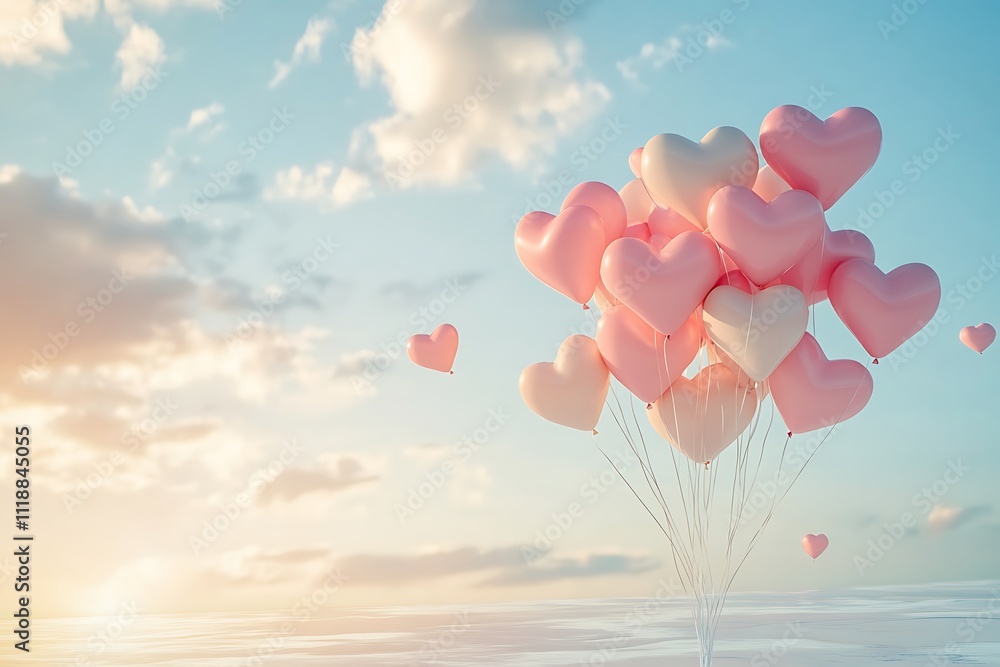 Fototapeta premium Pink and white heart shaped balloons floating in the sunset sky