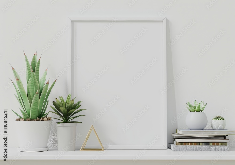 A white framed mockup with three potted plants. a gold triangle. and a stack of books on a white shelf against a white wall A white framed mockup with three potted plants. a gold triangle. and a stack of books on a white shelf against a white wall