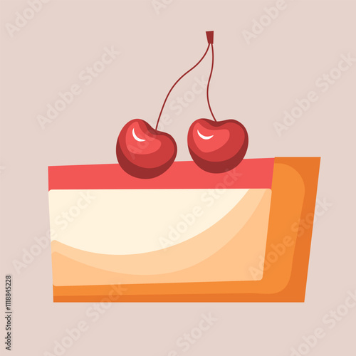 Slice of cheesecake with cream and cherries. Red berry on the top of pie. Dessert in flat style vector illustration.
