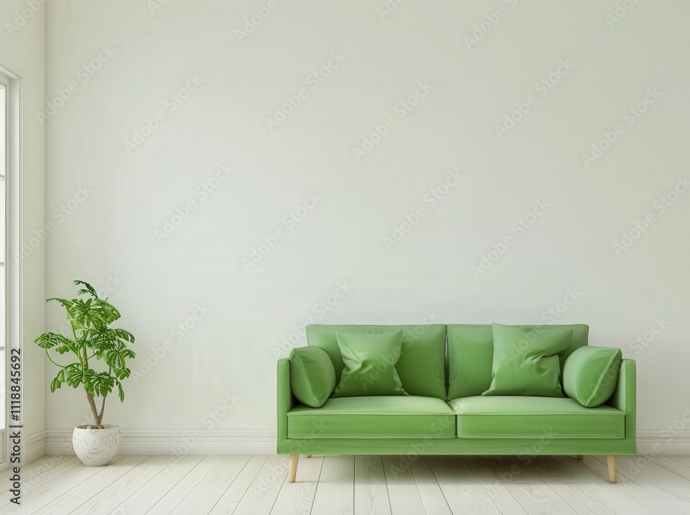 Minimalist living room with a green sofa. plant. and white walls Minimalist living room with a green sofa. plant. and white walls